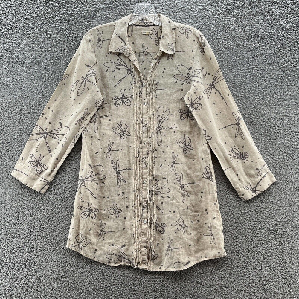 White Stuff Shirt Women 10 Beige Linen Dragonfly Button Up Long Sleeve Tunic Top